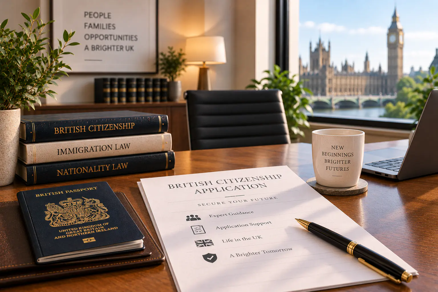 Illustrative citizenship paperwork, nationality books and a passport on a desk.