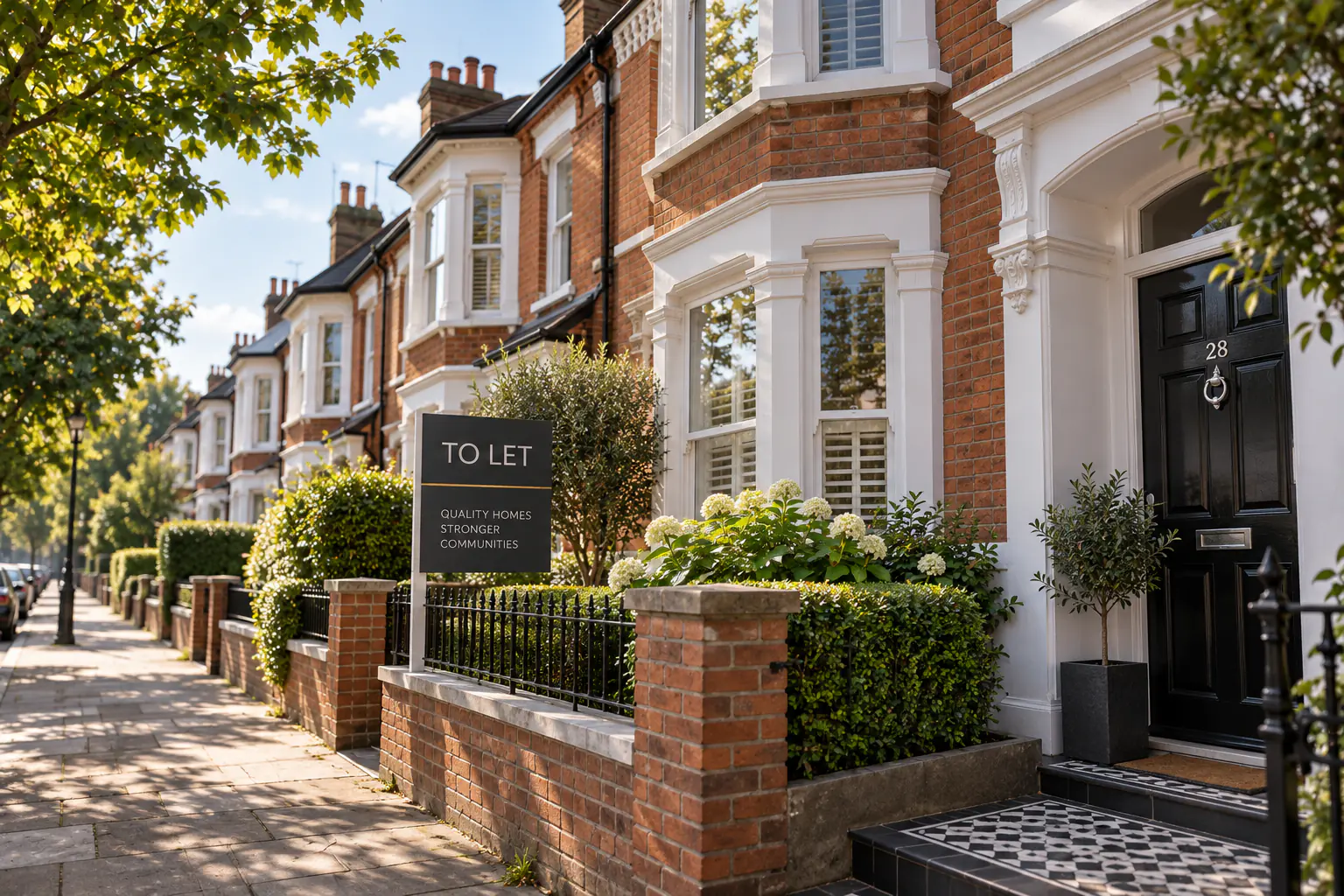 Terraced residential homes with a To Let sign and front gardens.