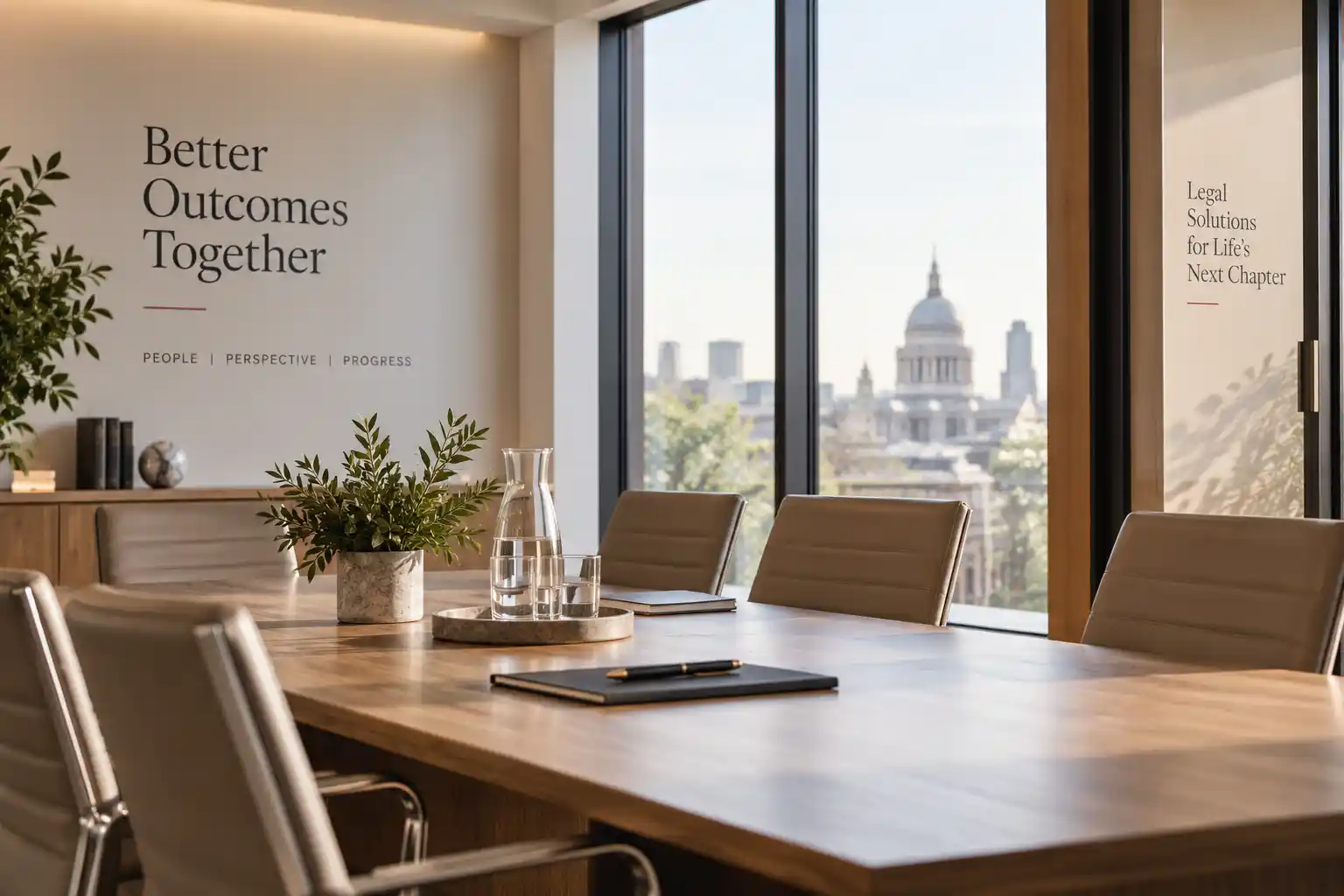 Sunlit meeting room with a wooden table, upholstered chairs and a view of St Paul’s Cathedral through large windows.