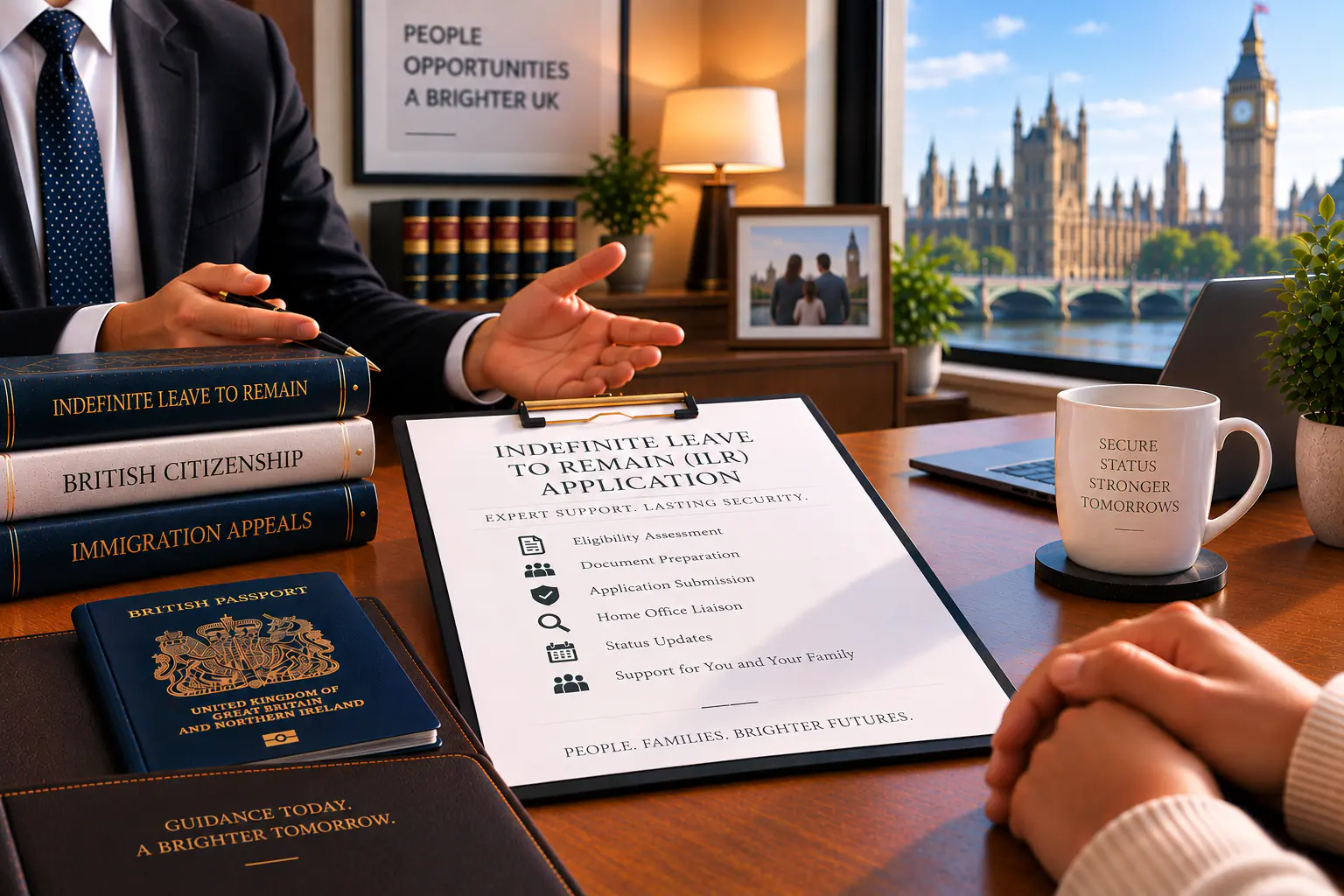 Illustrative consultation with indefinite-leave-to-remain paperwork and a passport.