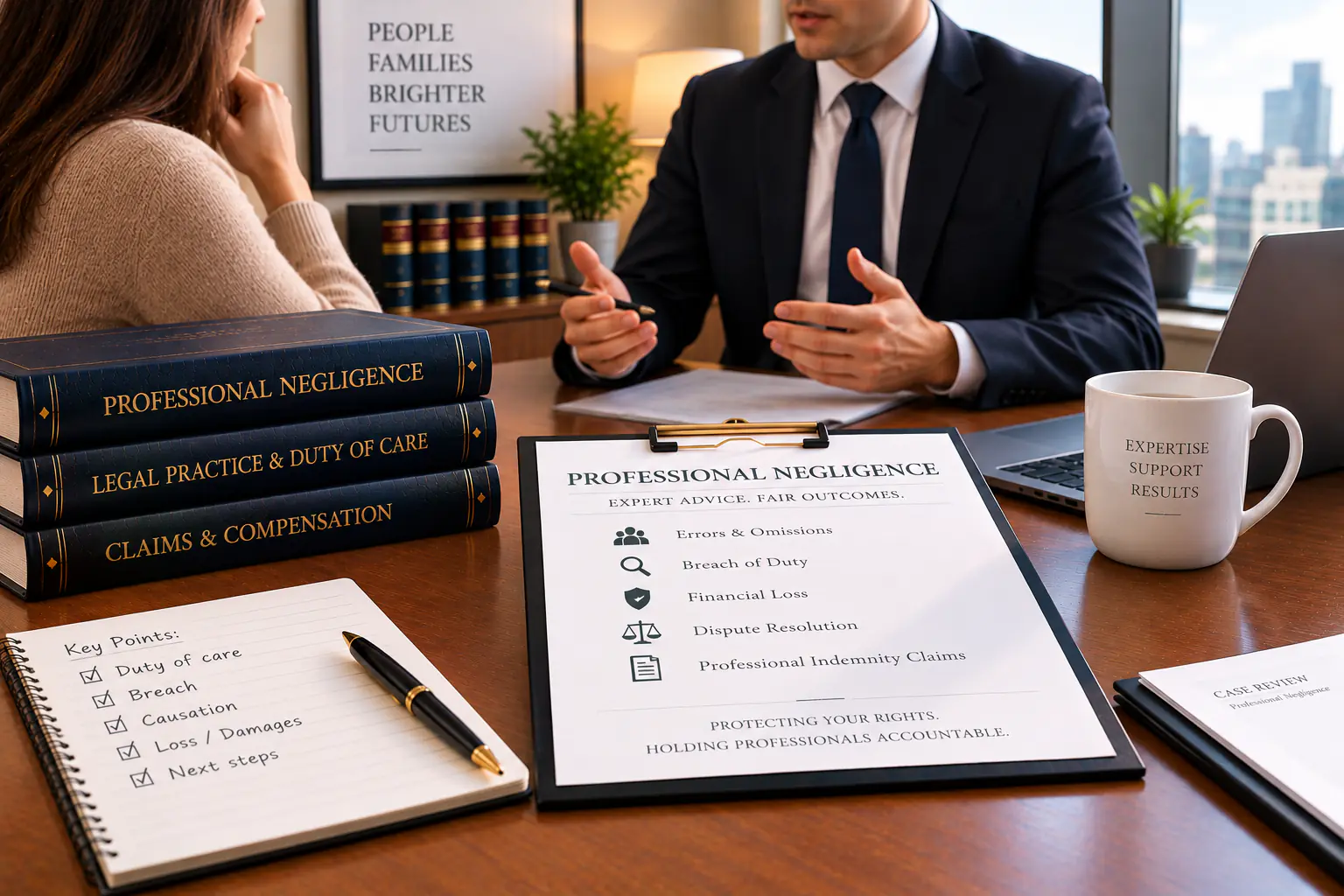 Illustrative review of professional-negligence papers across an office desk.